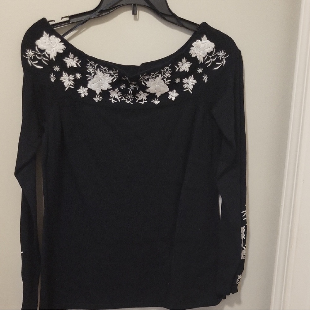 Black Floral Embroidered Top INC